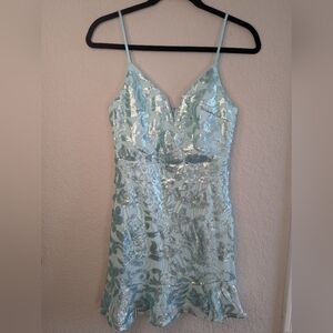 NWT Lulus Mini Cocktail Dress S Mint Aqua Blue Sequin Spaghetti Straps Prom